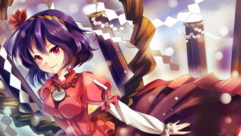 Bisonbison, touhou, yasaka kanako, девушка, улыбка, платье