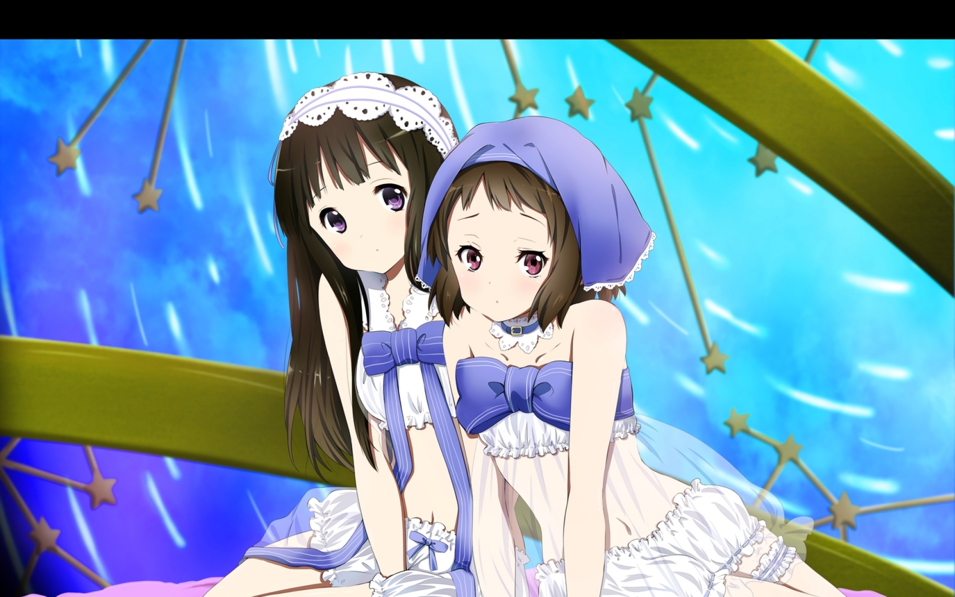 Картинки Chitanda eru, hyouka, ibara mayaka, нижнее белье, девочки, осанка, кровать фото и обои на рабочий стол