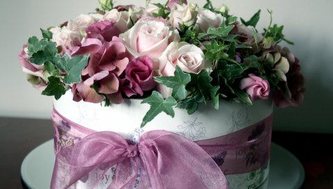 Lisianthus russell, гортензия, розы, коробка, лента, цветы