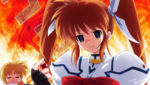 Mahou shoujo лирическая nanoha, девушка, улыбка, огонь