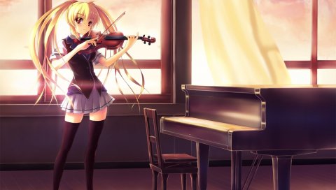Natsuin, seifuku, девушка, блондинка, скрипка, фортепиано, восход солнца