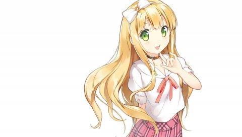 Azuki azusa, девушка, блондинка, зеленые глаза, юбка, улыбка, чулки,