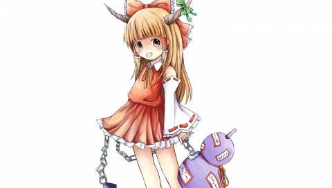 Ibuki suika, loli, sakuraba hikaru, девушка, блондинка, рога, игрушка, цепочки