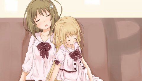 Abe kanari, futaba anzu, девушки, усталость, диван, сон