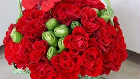 Розы, цветы, корзина, композиция, бабочки