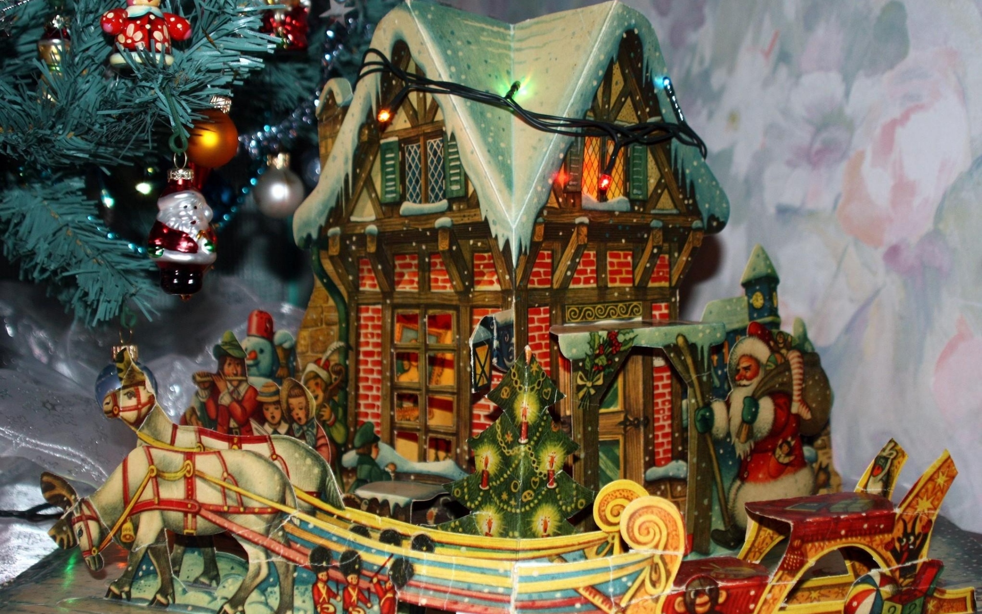 Картинки Дом, Санта-Клаус, сани, подарки, дерево, новый год, гирлянда фото и обои на рабочий стол