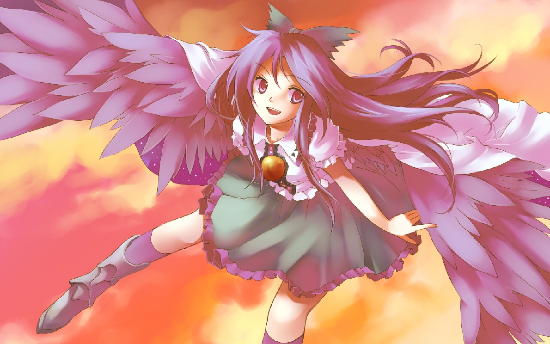 Картинки Reiuji utsuho, touhou, девушка, полет, крылья, небо, чулки фото и обои на рабочий стол