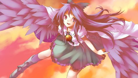 Reiuji utsuho, touhou, девушка, полет, крылья, небо, чулки