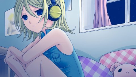 Kagamine rin, вокалоид, yayoi, девушка, наушники,