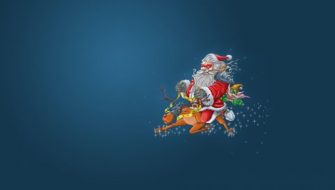 Санта-Клаус, олень, эльф, полет, лицо, маски, рождество, злодеи