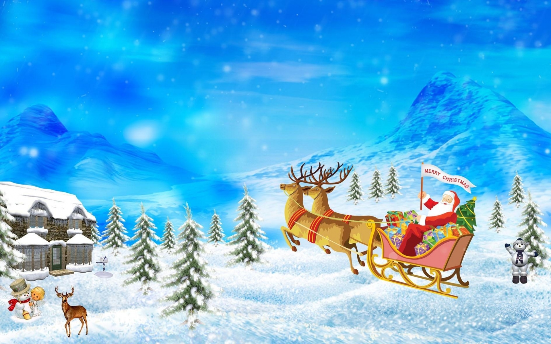 Картинки Санта-Клаус, северный олень, сани, подарки, рождество, праздник, дом, гора фото и обои на рабочий стол