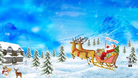 Санта-Клаус, северный олень, сани, подарки, рождество, праздник, дом, гора