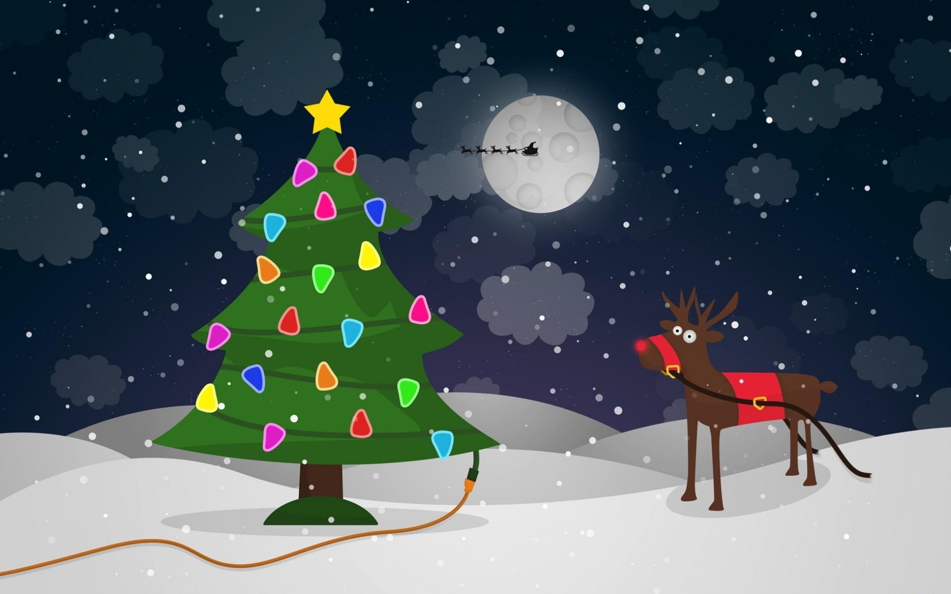 Картинки Дерево, гирлянды, проволока, олень, рождество, луна, Санта-Клаус, сани, полет фото и обои на рабочий стол