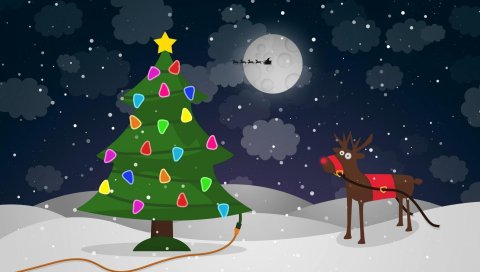 Дерево, гирлянды, проволока, олень, рождество, луна, Санта-Клаус, сани, полет