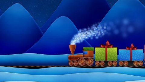 Локомотив, рельс, подарки, гора, рождество, праздник