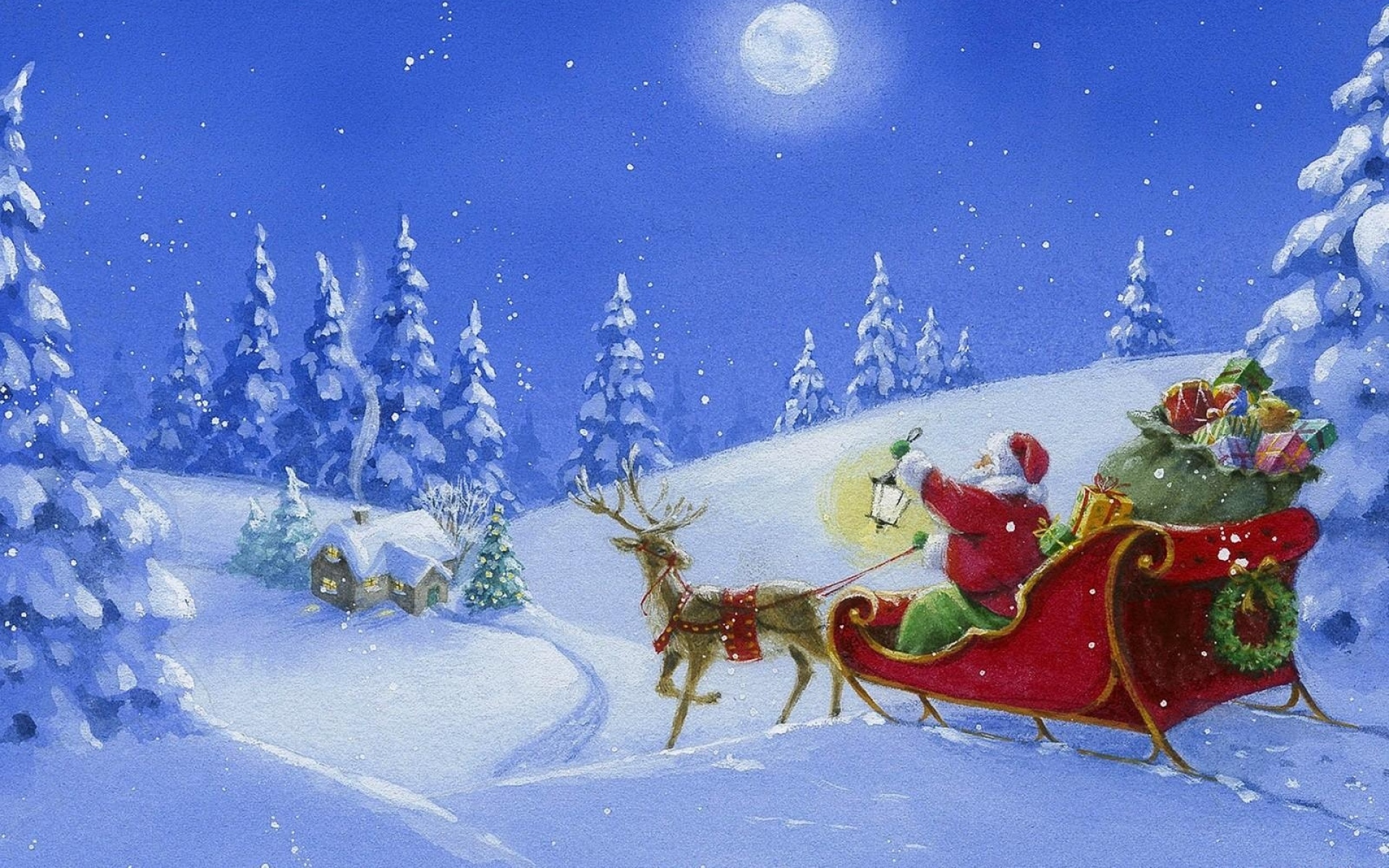 Картинки Санта-Клаус, северный олень, сани, подарки, дерево, свет, дом, ночь, луна фото и обои на рабочий стол