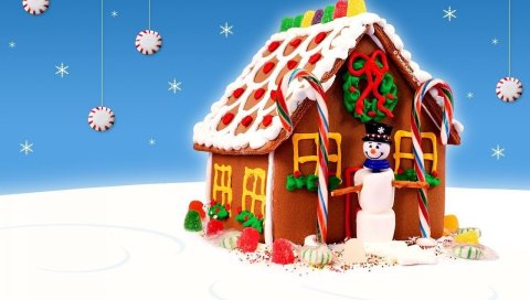 Дом, снеговик, рождество, снежинки, конфеты