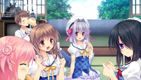 Asahina mai, игра cg, hazuki mikuri, плед, saejima mo, девушки, стол, записные книжки, ручки