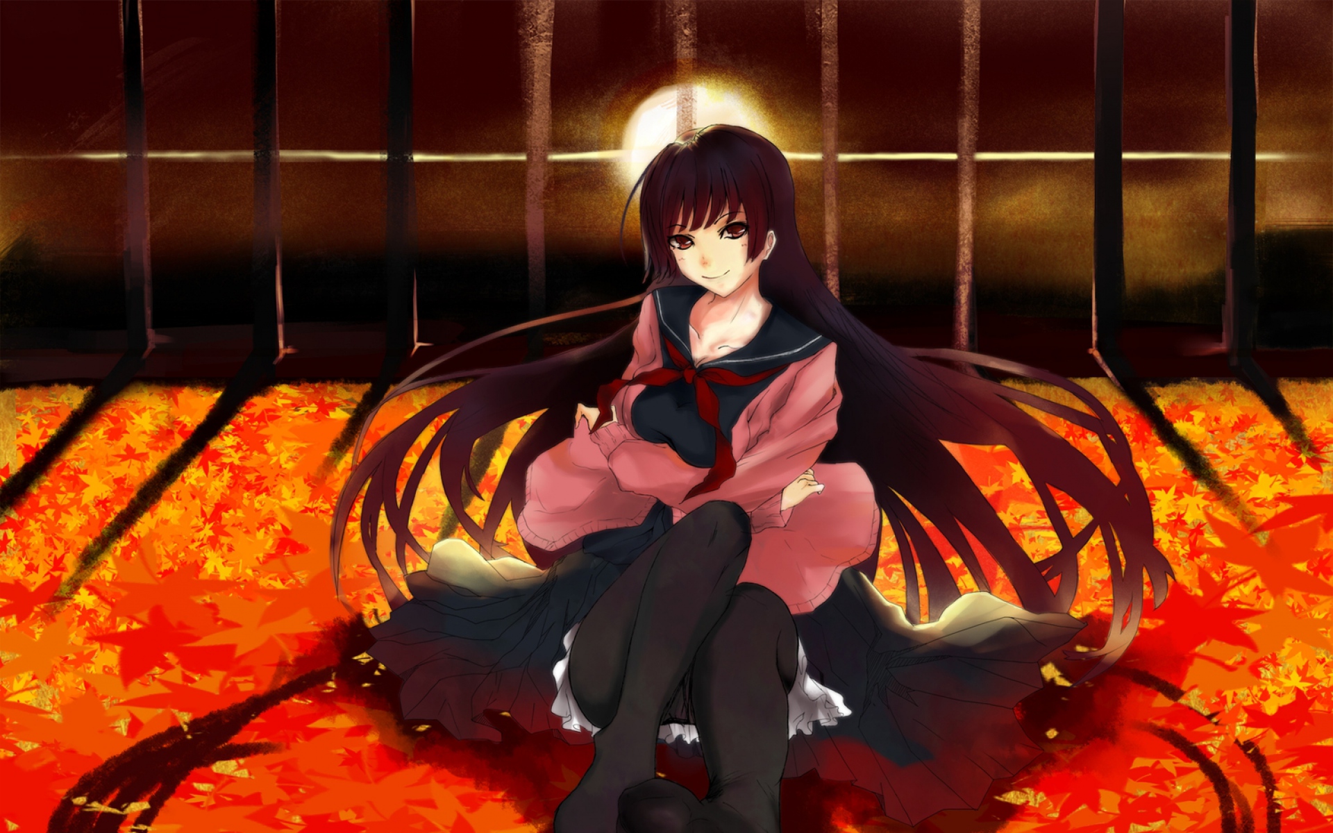 Картинки Kanoe yuuko, девушка, брюнетка, улыбка, чулки, закат фото и обои на рабочий стол