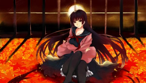 Kanoe yuuko, девушка, брюнетка, улыбка, чулки, закат