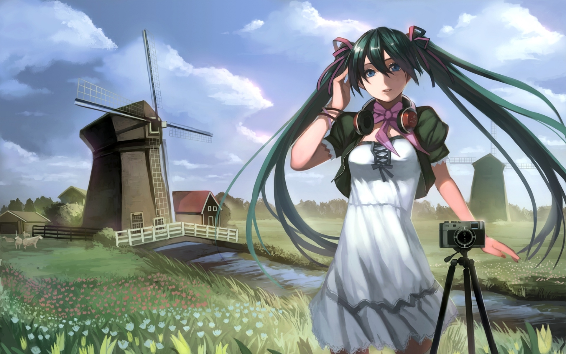 Картинки Hatsune miku, девушка, камера, пейзаж, ветер фото и обои на рабочий стол