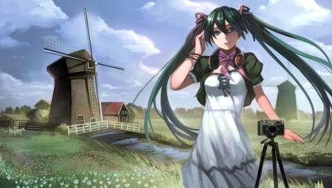 Hatsune miku, девушка, камера, пейзаж, ветер