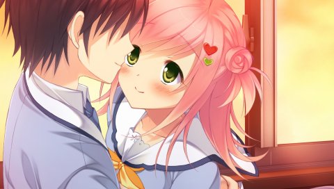 Игра cg, плед, сакура нет ответа, tsukimori chiyoko, мальчик, девушка, объятие, окно, закат