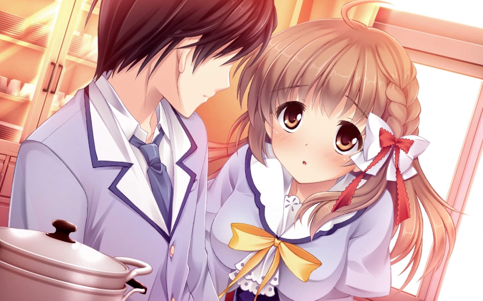 Картинки Asahina mai, игра cg, sakura no reply, мальчик, девушка, румянец, кухня фото и обои на рабочий стол