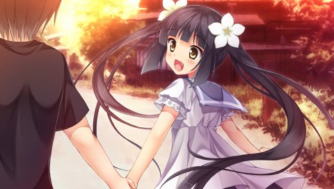 Игра cg, kazama minto, сакура нет ответа, мальчик, девушка, улыбка, прогулка, закат