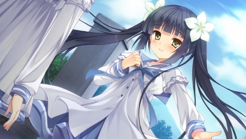 Игра cg, kazama minto, сакура нет ответа, девушка, брюнетка, платье, ветер