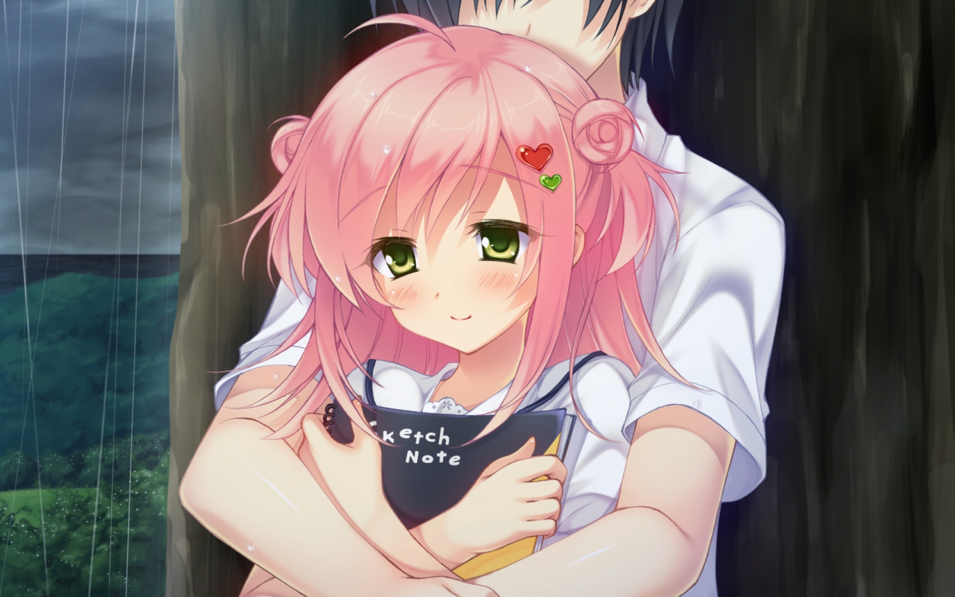 Картинки Игра cg, sakura no reply, tsukimori chiyoko, мальчик, девушка, обнять, дождь фото и обои на рабочий стол