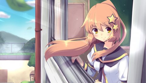 Оригинал, seifuku, девушка, улыбка, окно, ветер