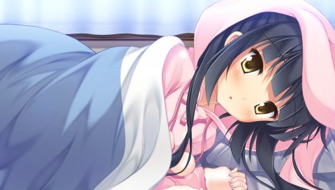 Игра cg, kazama minto, sakura no repl, девушка, брюнетка, пижама, одеяло