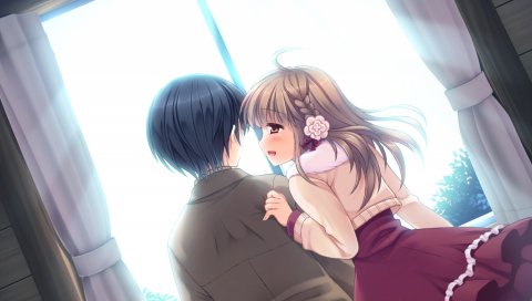 Asahina mai, game cg, sakura no reply, мальчик, девушка, окно, объятия