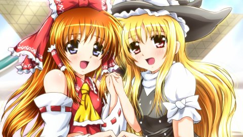 Mahou shoujo лирическая nanoha, девушки, прикосновение, шляпы