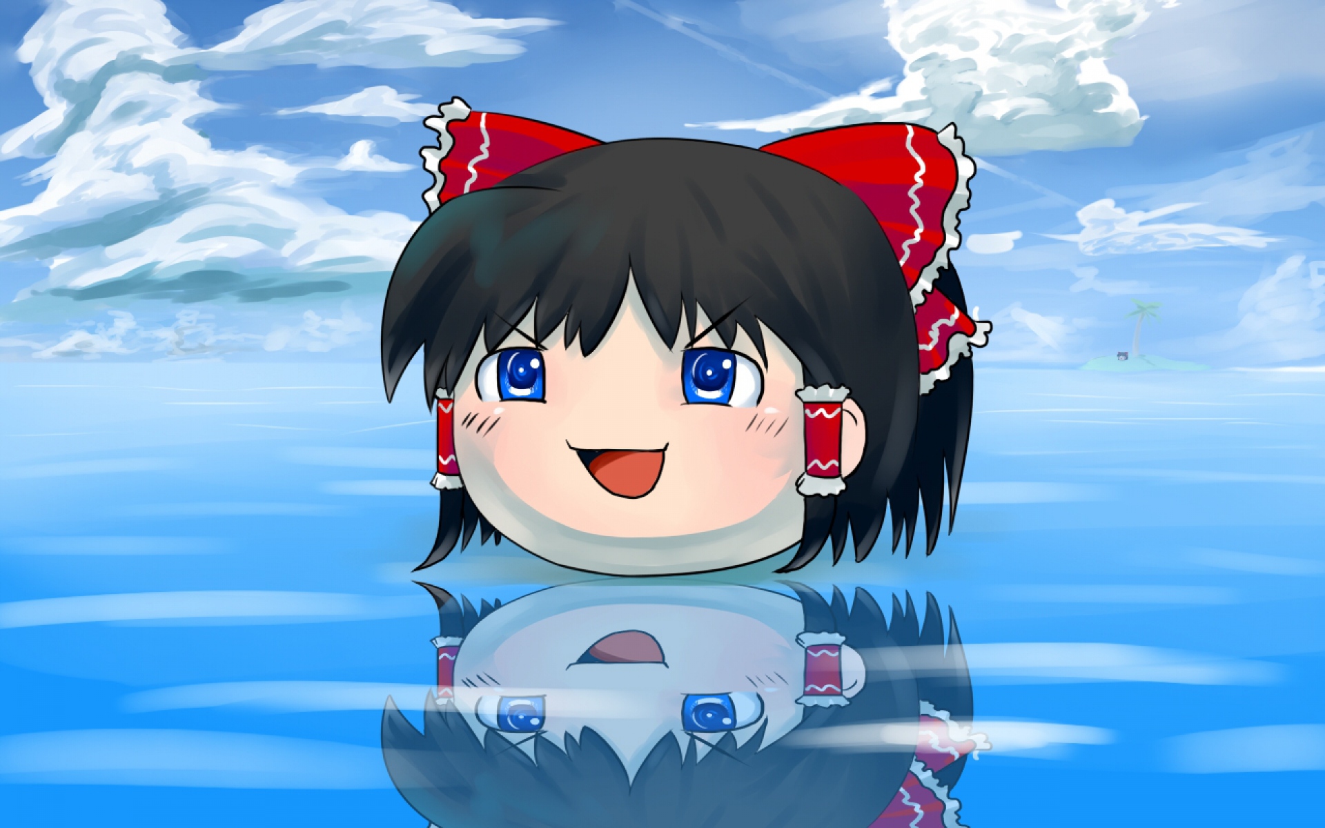 Картинки Hakurei reimu mei sou, yukkuri shiteitte ne, девушка, брюнетка, вода, отражение фото и обои на рабочий стол