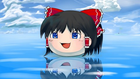 Hakurei reimu mei sou, yukkuri shiteitte ne, девушка, брюнетка, вода, отражение