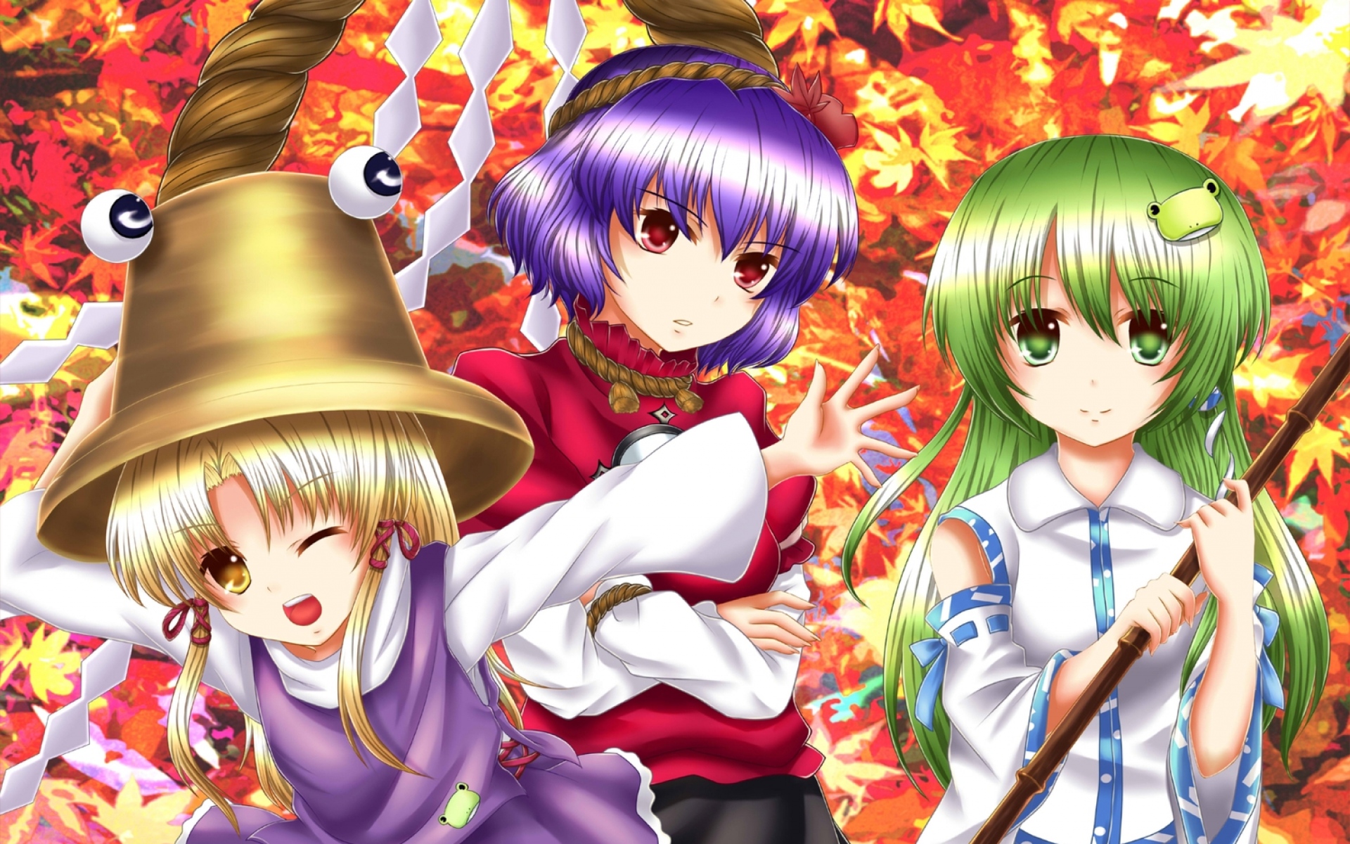 Картинки Kuriru, kochiya, sanae, moriya suwako, tagme charact, девушки, шляпа, фон фото и обои на рабочий стол