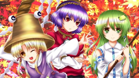 Kuriru, kochiya, sanae, moriya suwako, tagme charact, девушки, шляпа, фон