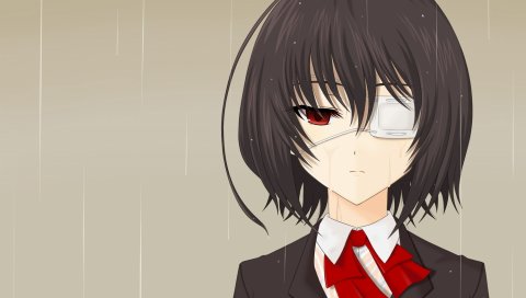 Misaki mei, девушка, брюнетка, дождь, глаз патч