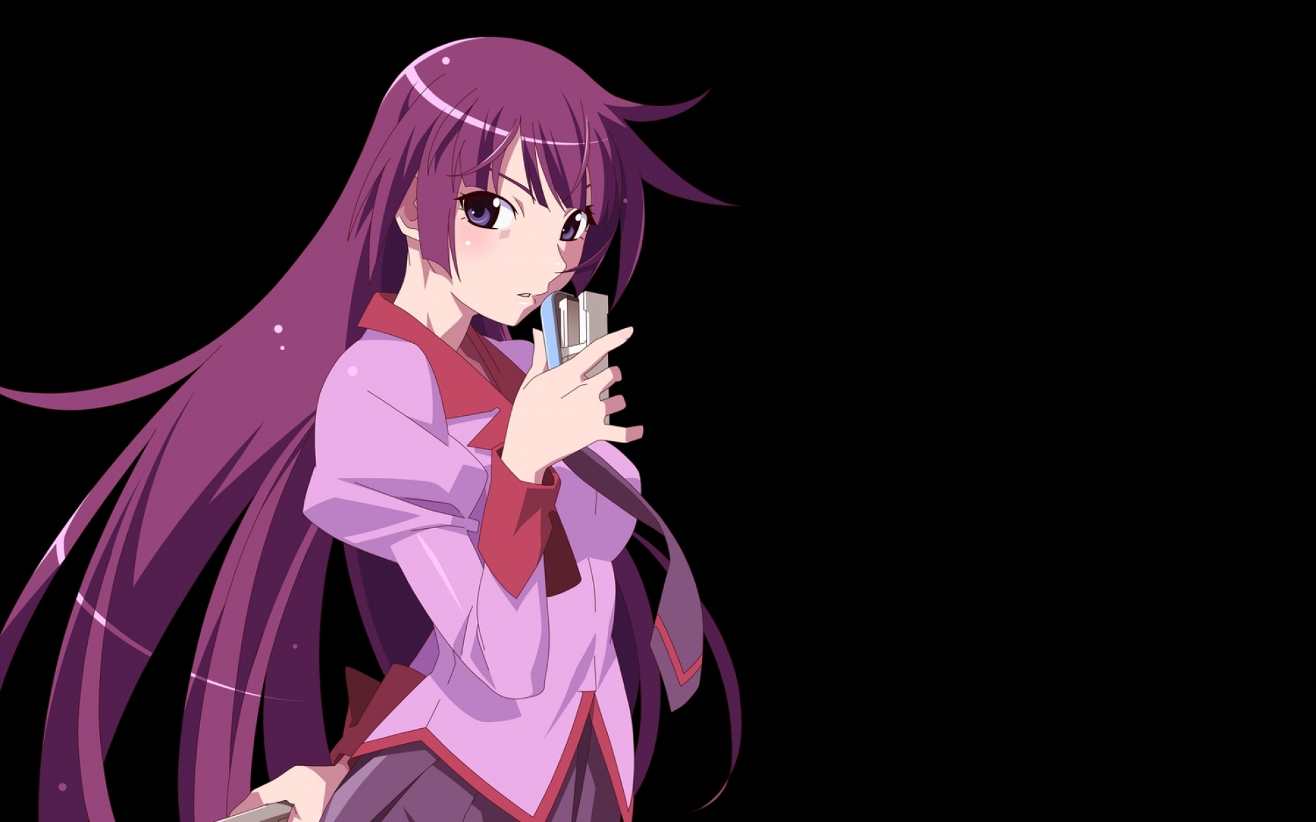 Картинки Bakemonogatari, девушка, розовые волосы, степлер, осанка фото и обои на рабочий стол