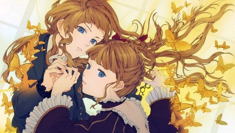 Umineko no naku koro ni, когда чайки плачут, девушка, кудри, бабочки