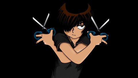Nazo no kanojo, urabe miko, девушка, брюнетка, ножницы, челка