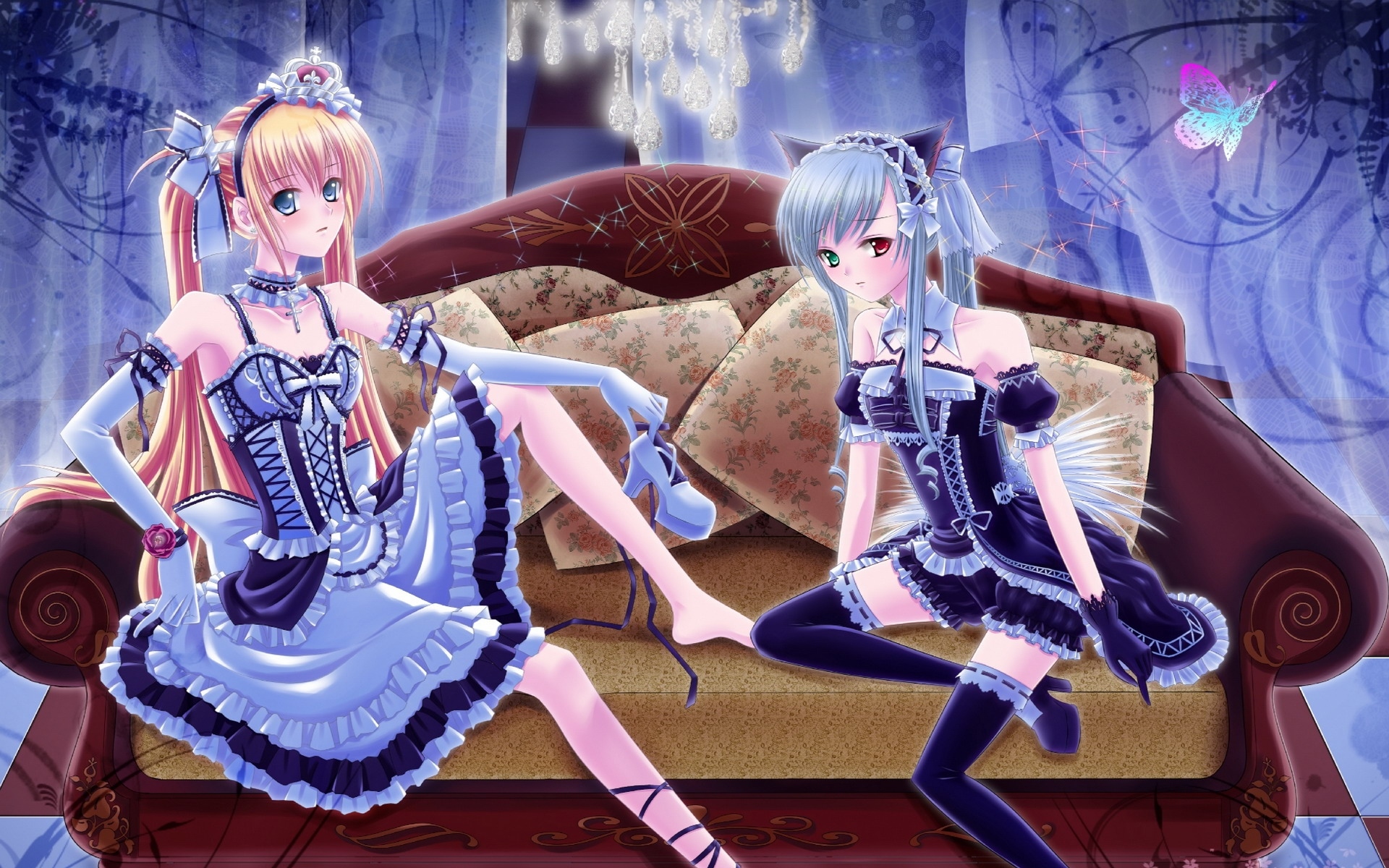 Картинки Pixiv girls collection, девушки, платье, поза, диван фото и обои на рабочий стол