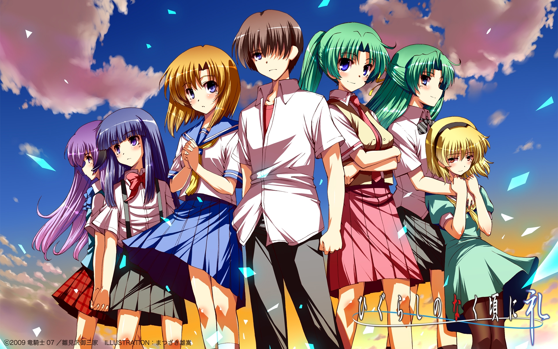 Картинки Higurashi no naku koro ni, толпа, небо, фото и обои на рабочий стол