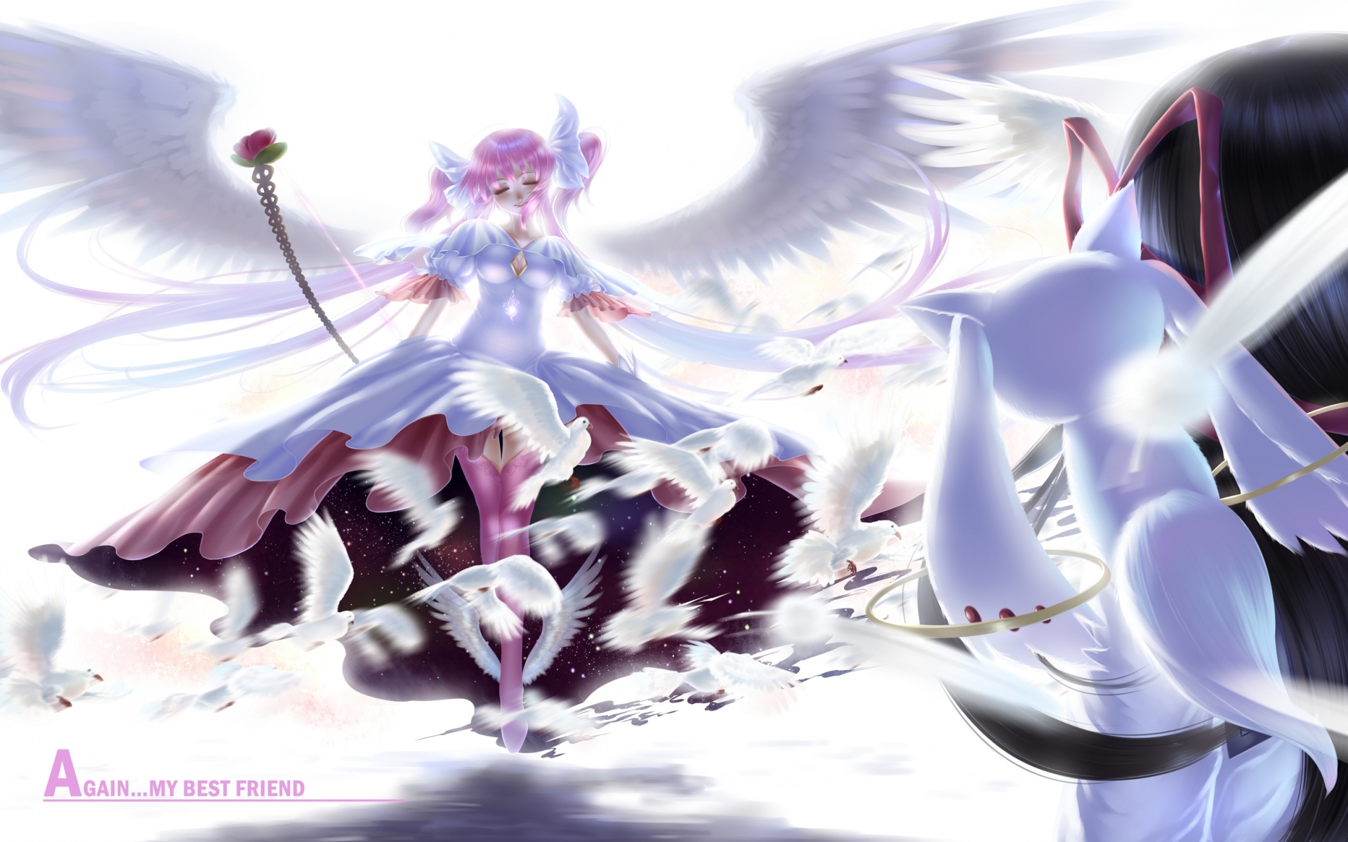 Картинки Mahou shoujo madoka magica, девушка, крылья, голуби, блеск фото и обои на рабочий стол