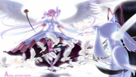 Mahou shoujo madoka magica, девушка, крылья, голуби, блеск
