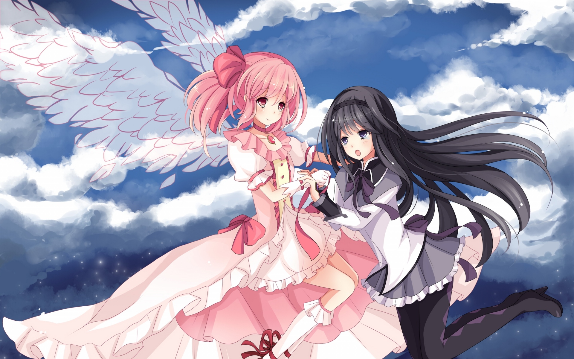 Картинки Mahou shoujo madoka magica, девушки, летать, крылья, небо фото и обои на рабочий стол