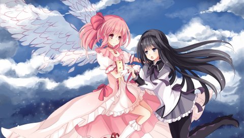 Mahou shoujo madoka magica, девушки, летать, крылья, небо