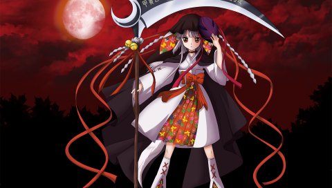 Ookami kakushi, девушка, коса, луна, красное небо